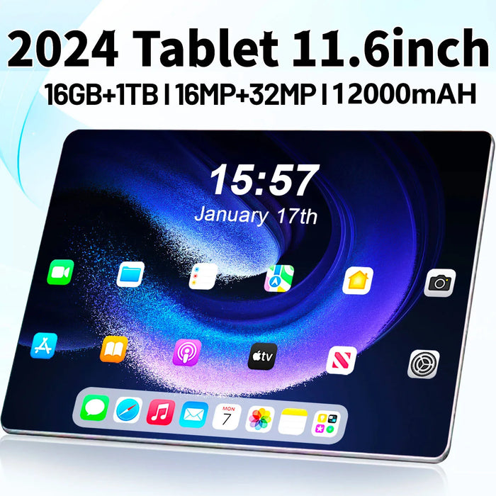 2024 5G Android 13.0 Surfplatta – 11,6-tums Retina Skärm, 16 GB RAM, 1 TB Lagring, 16 MP + 32 MP Kameror, 12000mAh Batteri, 10-kärnig Processor, Wi-Fi, Bluetooth Nätverksplatta