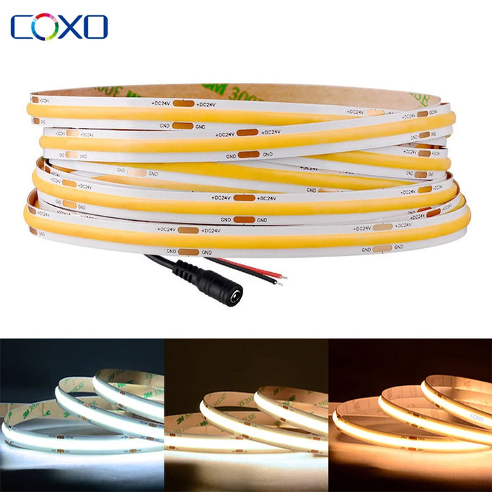 High-Density COB LED Strip Light 5m with 320-480 LEDs/m, 3000-6500K Adjustable Color Temperature, Dimmable DC12V/24V Lighting Solution