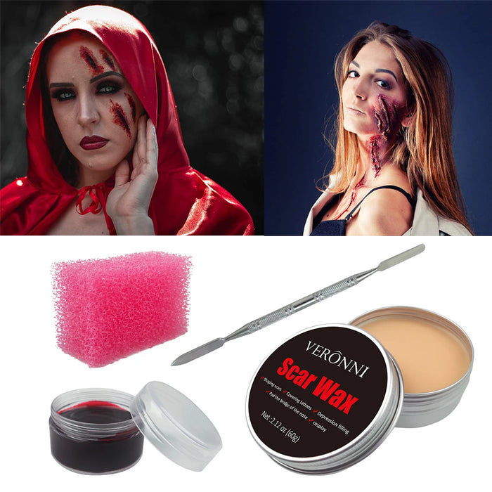 VERONNI SFX Wound Wax Makeup Kit - Halloween Special Effects with Spatula and Stipple Sponge for Realistic Injury Effects