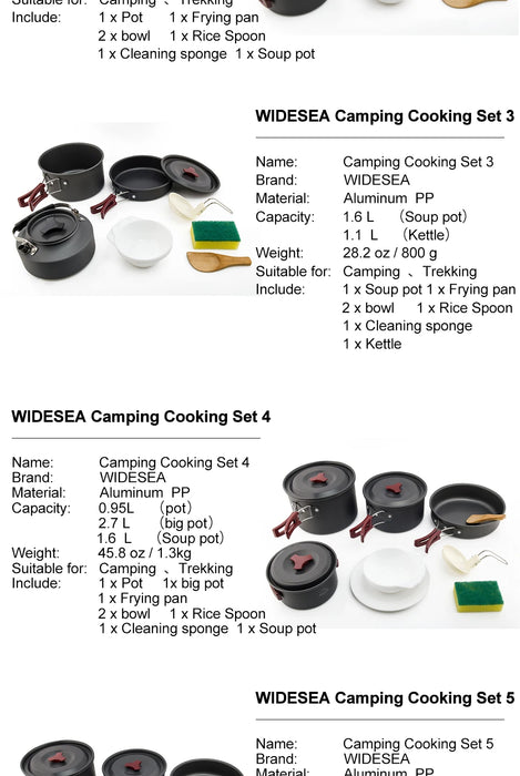 Widesea Ensemble de cuisine de camping en plein air – Batterie de cuisine, bouilloire, poêle et couverts pour voyage et pique-nique