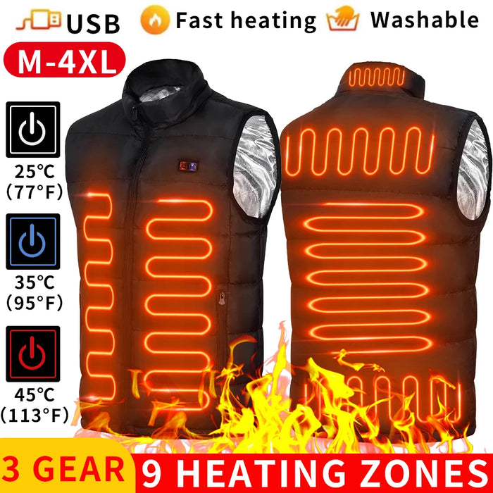 Chaleco calentado por USB con infusión de grafeno para hombres y mujeres, chaqueta eléctrica con 9 zonas de calor para actividades al aire libre y acampadas