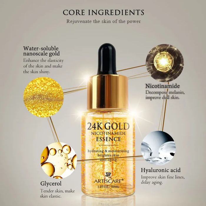 Ensemble de soins de la peau ARTISCARE 24K Gold : crème hydratante pour les yeux, essence pour le visage et rouleaux peptidiques pour les cernes et soins hydratants