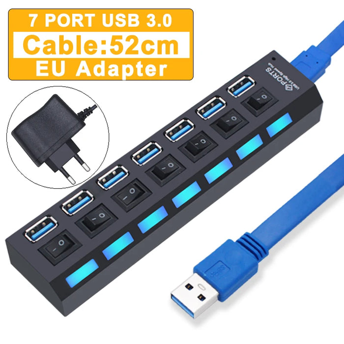 Hub USB 3.0 Hub USB 3 USB 2.0, adaptateur d'alimentation multi-usb, 4/7 ports, extenseur Multiple 2.0 avec interrupteur pour accessoires PC