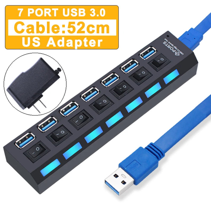 Hub USB 3.0 Hub USB 3 USB 2.0, adaptateur d'alimentation multi-usb, 4/7 ports, extenseur Multiple 2.0 avec interrupteur pour accessoires PC