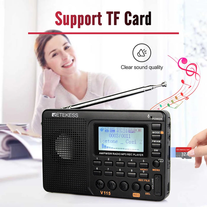 RETKEKESS V115 Radio portable FM AM SW – Radio à ondes courtes rechargeable avec enregistrement USB et haut-parleur