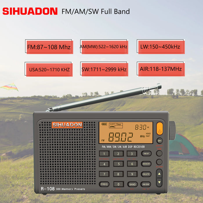 SIHUADON R-108 Radio FM stéréo portable avec réception numérique, fonction d'alarme, horloge et affichage de la température