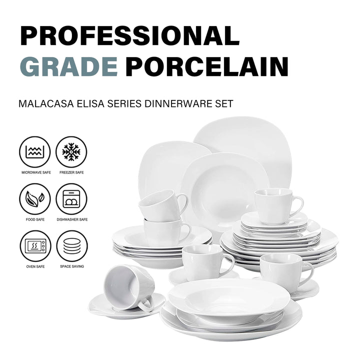 MALACASA Vajilla Elisa de Porcelana Cerámica de 30 Piezas con Tazas, Platillos, Cuencos Hondos y Platos de Postre para 6 Personas