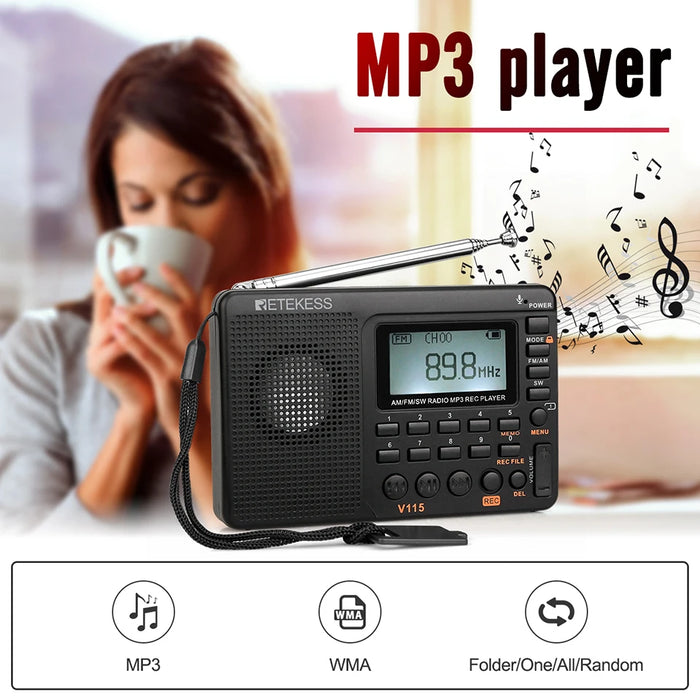 RETKEKESS V115 Radio portable FM AM SW – Radio à ondes courtes rechargeable avec enregistrement USB et haut-parleur