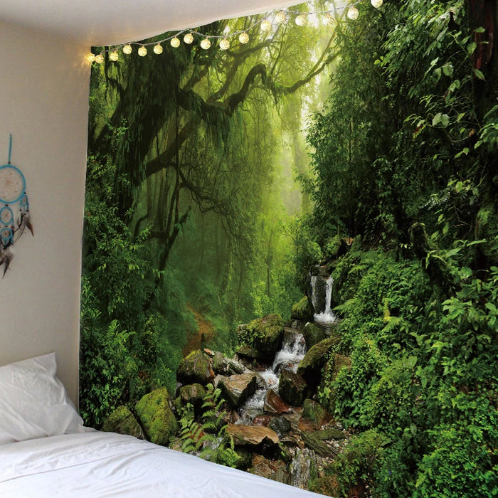 Magnifique papier peint cascade nature avec imprimé forêt et paysage marin - décoration murale hippie de style bohème avec motif mandala