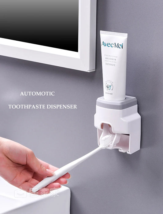 WIKHOSTAR Dispensador automático creativo de pasta de dientes con soporte para cepillos de dientes, accesorios de baño y estante de almacenamiento