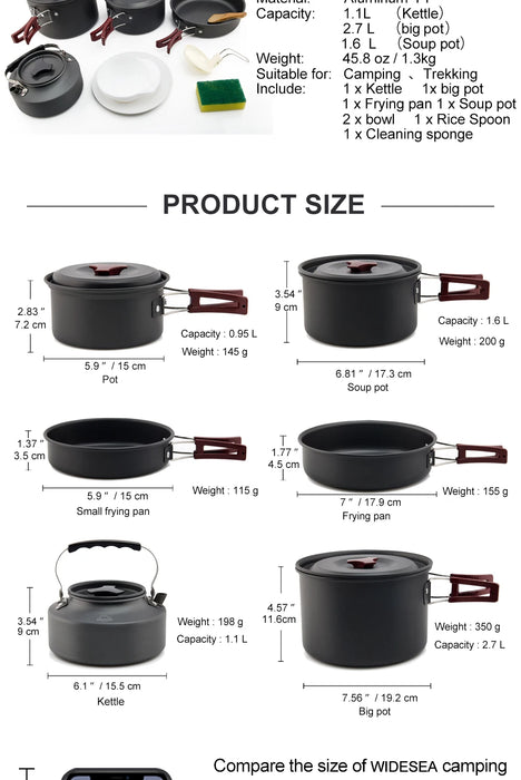 Widesea Ensemble de cuisine de camping en plein air – Batterie de cuisine, bouilloire, poêle et couverts pour voyage et pique-nique