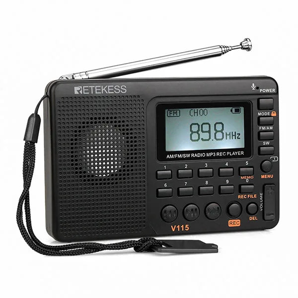 RETKEKESS V115 Radio portable FM AM SW – Radio à ondes courtes rechargeable avec enregistrement USB et haut-parleur