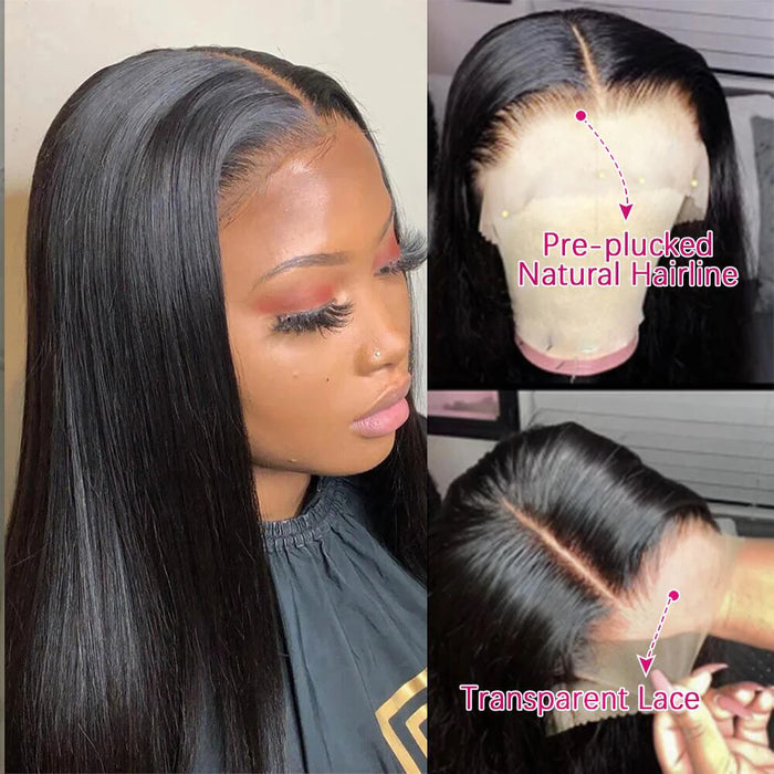 Perruque Lace Frontal Wig 360 transparente HD, cheveux naturels, lisses, 4x4, 13x6, 30 34 pouces, pour femmes noires