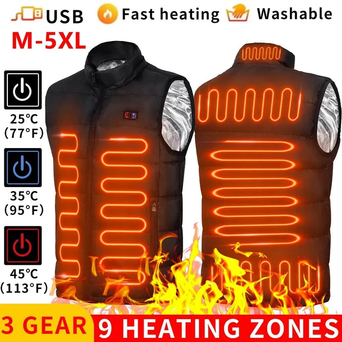 Chaleco calentado por USB con infusión de grafeno para hombres y mujeres, chaqueta eléctrica con 9 zonas de calor para actividades al aire libre y acampadas