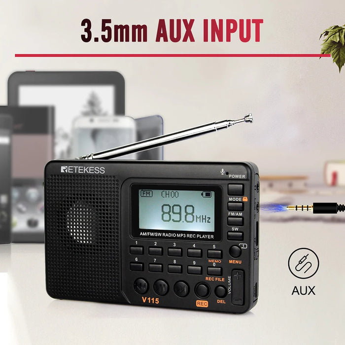 RETKEKESS V115 Radio portable FM AM SW – Radio à ondes courtes rechargeable avec enregistrement USB et haut-parleur