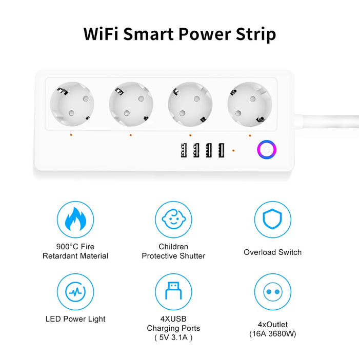 Commutateur WiFi intelligent avec 4 prises et 4 ports USB - Compatible avec Alexa, Google Home et Tuya Smart Home