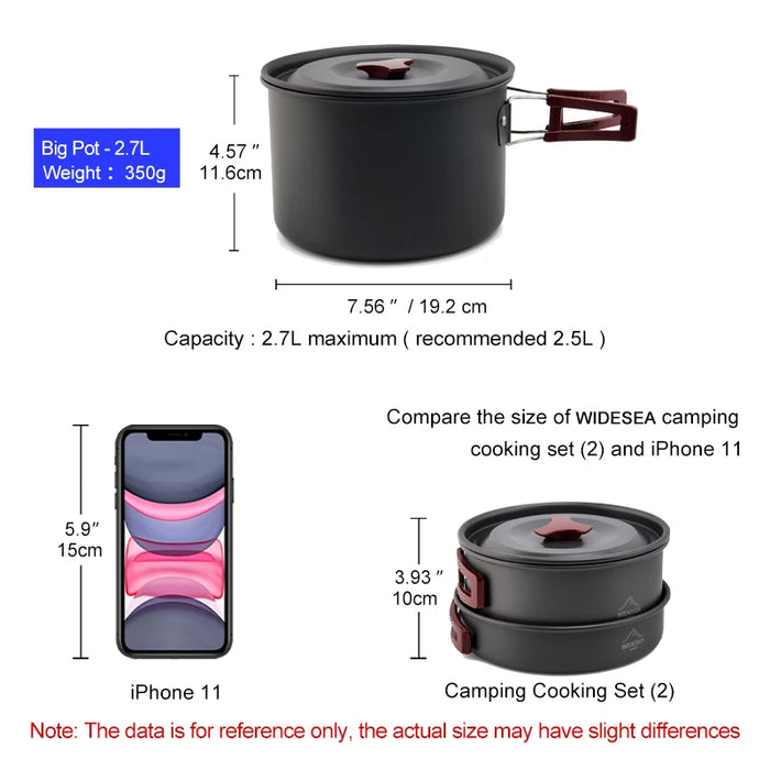 Widesea Ensemble de cuisine de camping en plein air – Batterie de cuisine, bouilloire, poêle et couverts pour voyage et pique-nique