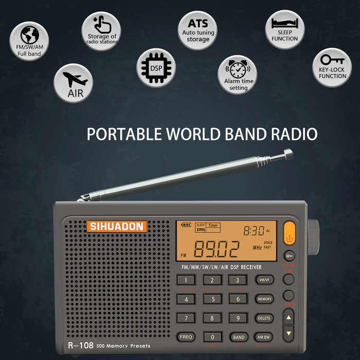 SIHUADON R-108 Radio FM stéréo portable avec réception numérique, fonction d'alarme, horloge et affichage de la température