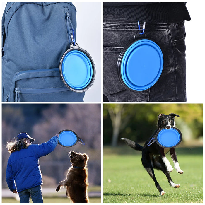 Bol de nourriture et d'eau pliable en silicone pour chien pour une utilisation en extérieur - Bol portable et pliable avec mousqueton