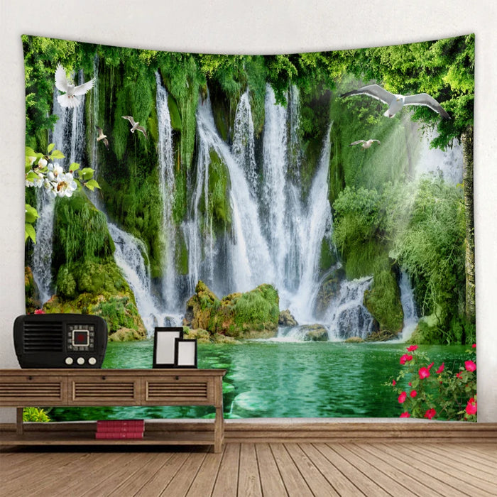 Magnifique papier peint cascade nature avec imprimé forêt et paysage marin - décoration murale hippie de style bohème avec motif mandala