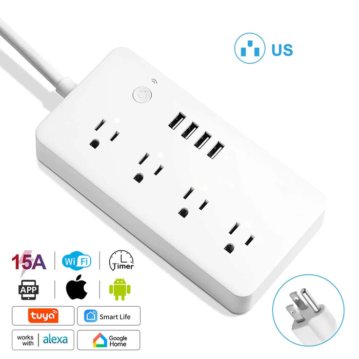 Commutateur WiFi intelligent avec 4 prises et 4 ports USB - Compatible avec Alexa, Google Home et Tuya Smart Home