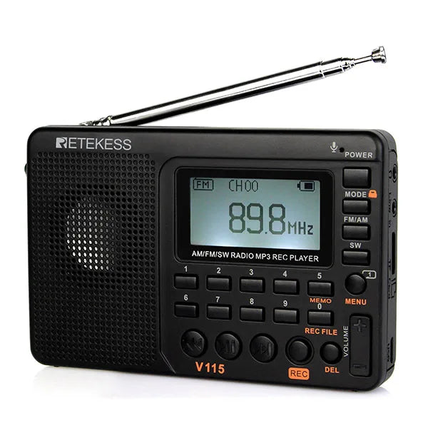 RETKEKESS V115 Radio portable FM AM SW – Radio à ondes courtes rechargeable avec enregistrement USB et haut-parleur