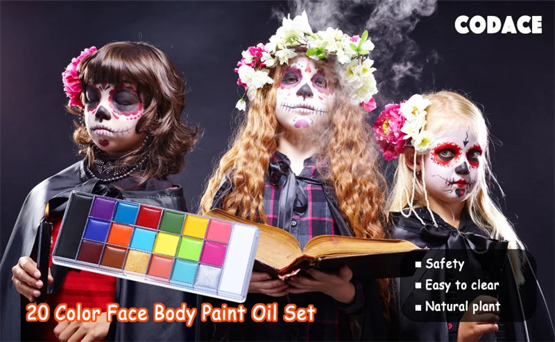 Halloween Face and Body Painting Kit - 12/20 Color Set with Brushes, Safe for Kids and Adults