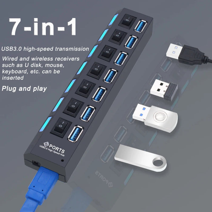 Hub USB 3.0 Hub USB 3 USB 2.0, adaptateur d'alimentation multi-usb, 4/7 ports, extenseur Multiple 2.0 avec interrupteur pour accessoires PC