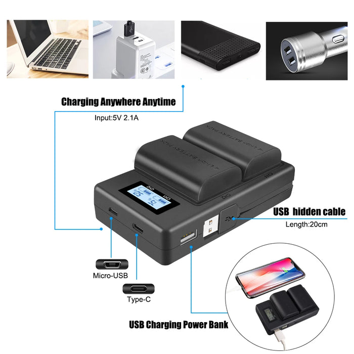 Chargeur de batterie LCD double USB pour appareil photo LP-E6 Canon 5D Mark II III 7D 60D EOS 6D 70D 80D