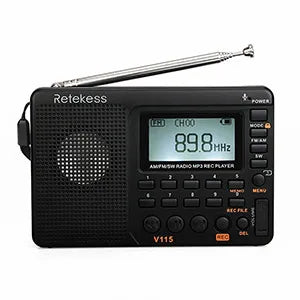 RETKEKESS V115 Radio portable FM AM SW – Radio à ondes courtes rechargeable avec enregistrement USB et haut-parleur