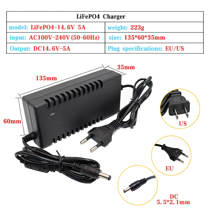 Chargeur 14,6 V 5 A LiFePO4 pour batterie au lithium fer phosphate 12 V – Adaptateur d'alimentation DC 5,5 mm x 2,1 mm pour série 4 12,8 V/14,4 V