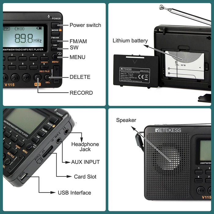 RETKEKESS V115 Radio portable FM AM SW – Radio à ondes courtes rechargeable avec enregistrement USB et haut-parleur