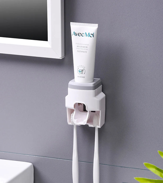 WIKHOSTAR Dispensador automático creativo de pasta de dientes con soporte para cepillos de dientes, accesorios de baño y estante de almacenamiento