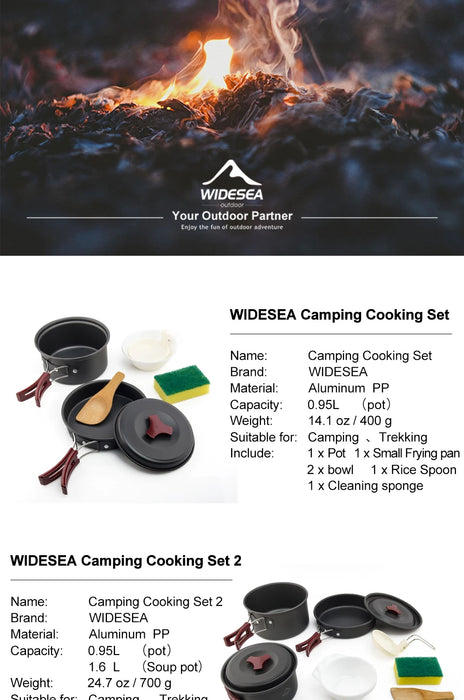 Widesea Ensemble de cuisine de camping en plein air – Batterie de cuisine, bouilloire, poêle et couverts pour voyage et pique-nique