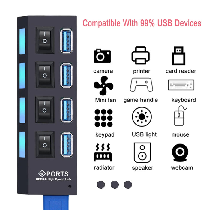 Hub USB 3.0 Hub USB 3 USB 2.0, adaptateur d'alimentation multi-usb, 4/7 ports, extenseur Multiple 2.0 avec interrupteur pour accessoires PC