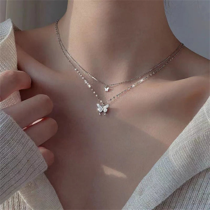 Nuevo collar de mariposa brillante para mujer - Collar exclusivo con diseño de clavícula de doble capa