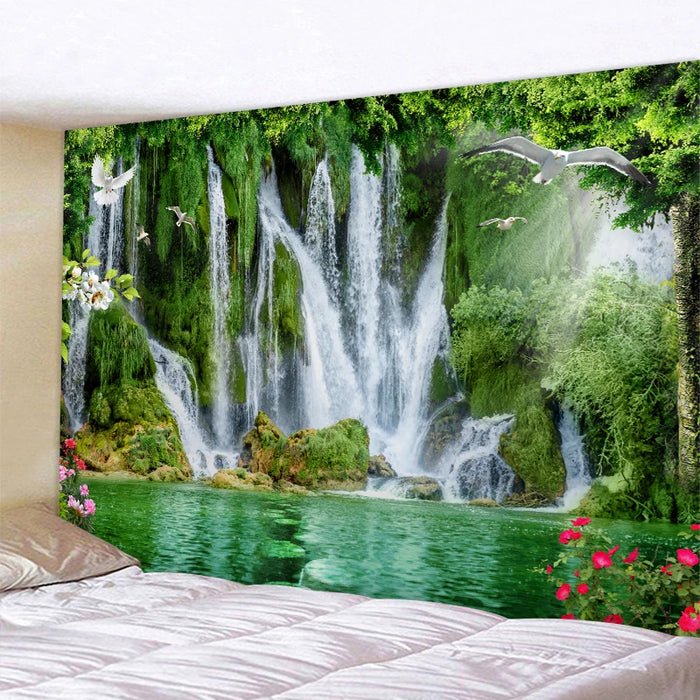 Belle tapisserie murale nature avec imprimé cascade et forêt, bonnet d'inspiration hippie, décoration murale mandala bohème