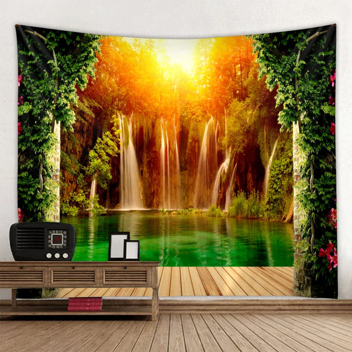 Belle tapisserie murale nature avec imprimé cascade et forêt, bonnet d'inspiration hippie, décoration murale mandala bohème