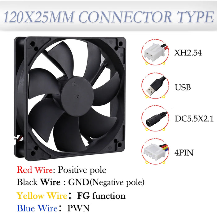 Ventilador de CPU Gdstime de 120x120x25 mm para PC - 5 V, 12 V, 24 V, 48 V con 2 pines y 3 pines - Ventilador de refrigeración CC de 120 mm para GPU portátil - Rodamiento de bolas/rodamiento de manga