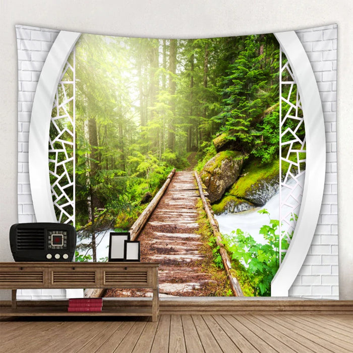 Magnifique papier peint cascade nature avec imprimé forêt et paysage marin - décoration murale hippie de style bohème avec motif mandala