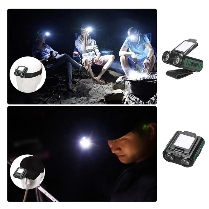 Linterna frontal LED COB recargable por USB con clip para acampar y pescar, batería incorporada y diseño resistente al agua