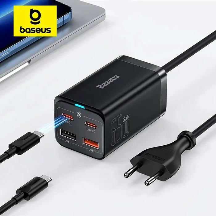 Baseus 65W GaN Desktop Fast Charger - Cargador 4 en 1 para portátil y teléfono móvil para iPhone 15, 14, 13 Pro Max, Xiaomi y Samsung