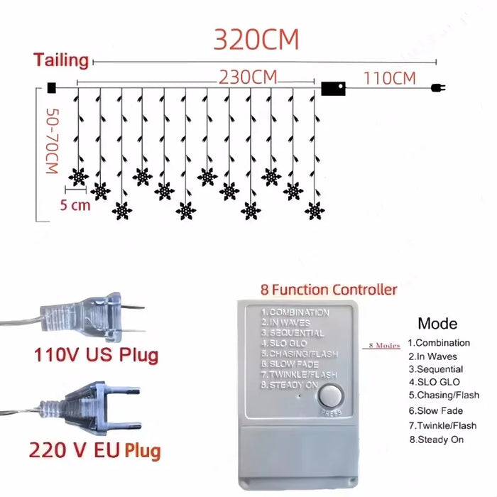 Guirlande de rideau de fenêtre flocon de neige, décorations de noël 2024, guirlande lumineuse LED clignotante, 8 Modes, Contact ue, nouvel an 2024