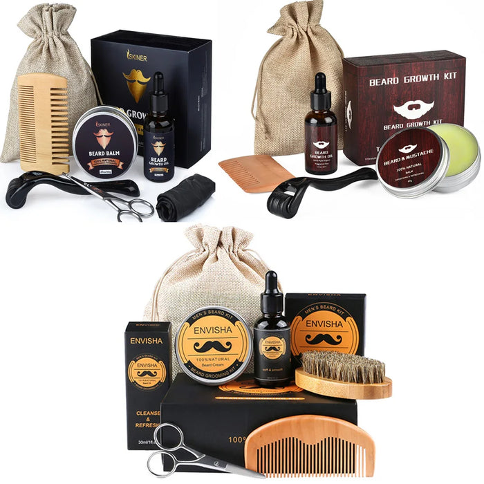 Set para el crecimiento de la barba para hombres: set de barbero con aceite para barba, cera para peinar, rodillos para el crecimiento y tijeras para el cuidado de la barba