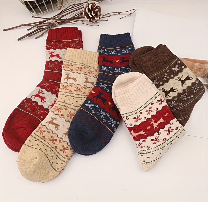 5 paires de chaussettes épaisses à motif d'élan - Chaussettes de Noël confortables et chaudes pour femmes