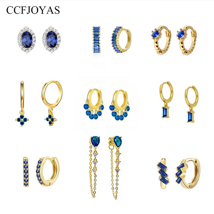 CCFJOYAS Pendientes de Circón Azul Oscuro Chapados en Oro de 18 Quilates con Diseño de Aro en Plata de Ley 925