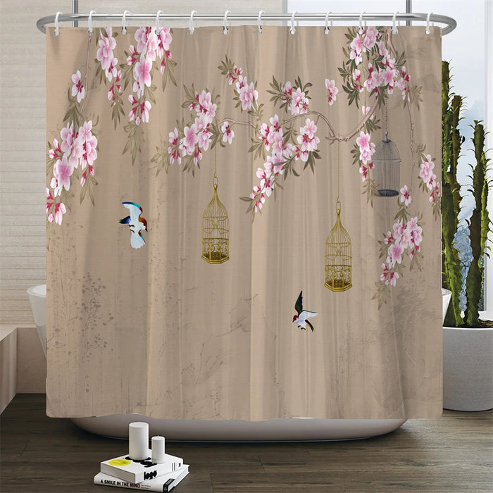 Rideau de douche en forme d'arbre à fleurs et oiseaux de Style chinois, imperméable, décor de salle de bain avec crochets, rideau de bain imprimé en 3D