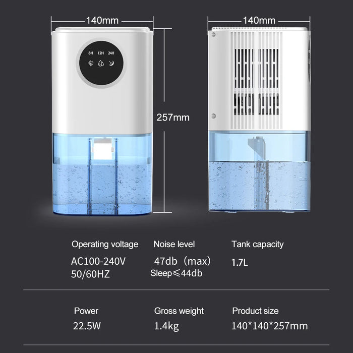 Deshumidificador compacto para el hogar: purificación de aire silenciosa de gran capacidad de 1,7 l para dormitorio y oficina