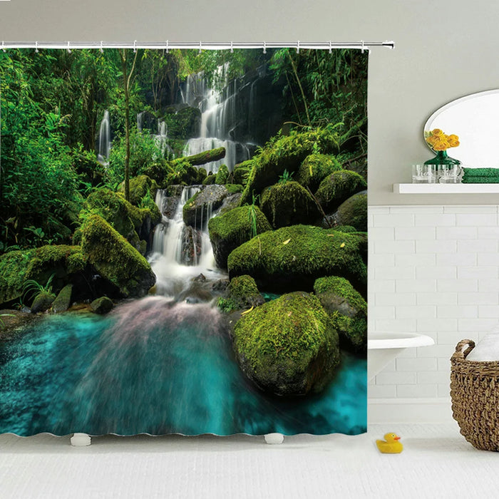 Rideau de douche moderne imprimé 3D avec paysage de plantes vertes et d'arbres, imperméable avec crochet pour salle de bain