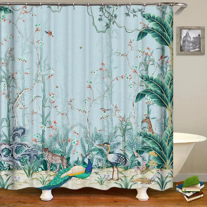 Rideau de douche en forme d'arbre à fleurs et oiseaux de Style chinois, imperméable, décor de salle de bain avec crochets, rideau de bain imprimé en 3D